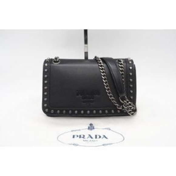 Prada Shoulder Bag Leather Studs Chain Black - Picture 1 of 9